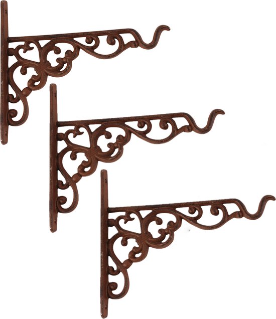 2x stuks muurhaken met sierkrullen bruin - gietijzer - 20 x 18 cm - hanging basket haak - Esschert Design