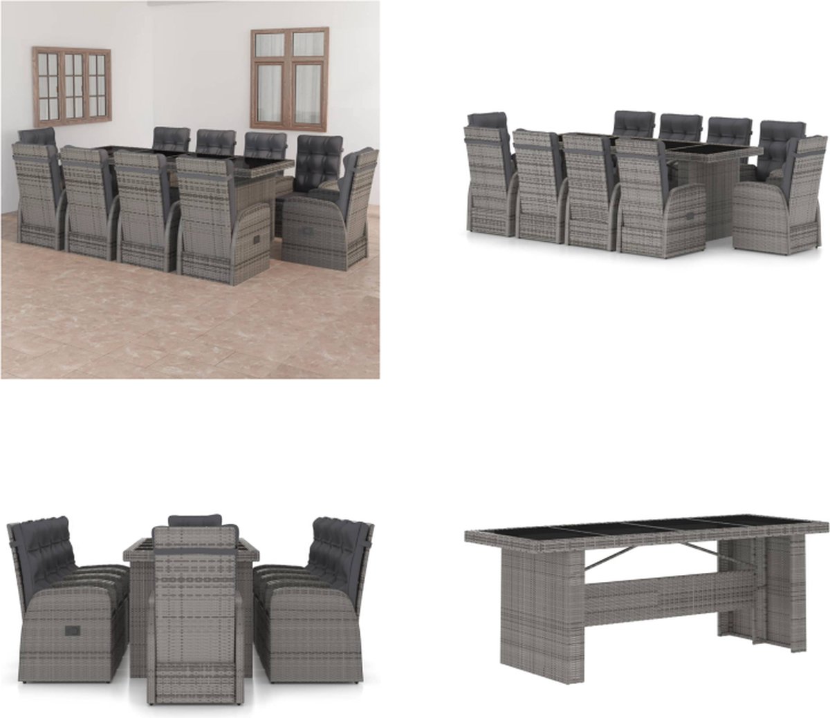 VidaXL 11-delige Tuinset met kussens poly rattan grijs Eethoek Voor Buiten Eethoeken Voor Buiten Tuintafel En Stoel Tuintafels En Stoelen
