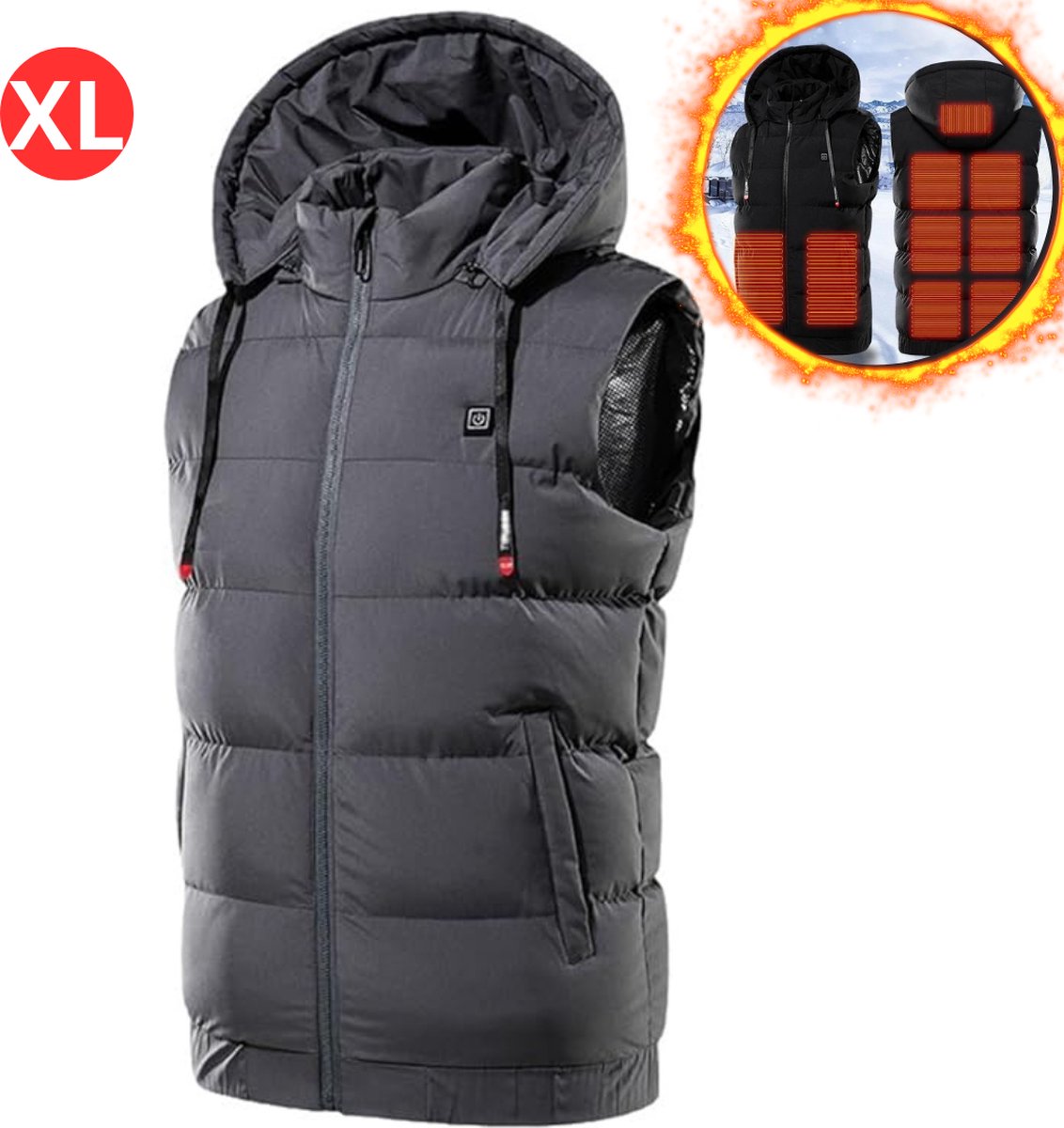 Nivard Verwarmde Bodywarmer Heated Vest Elektrische Bodywarmer Rits Capuchon Water Afstotend Oplaadbaar Heren Grijs