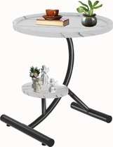 Bijzettafel, kleine bijzettafel, C-vorm, dubbellaagse salontafel, klein, banktafel met metalen frame en marmeren textuur, ronde salontafel van hout voor koffie, laptop (wit)