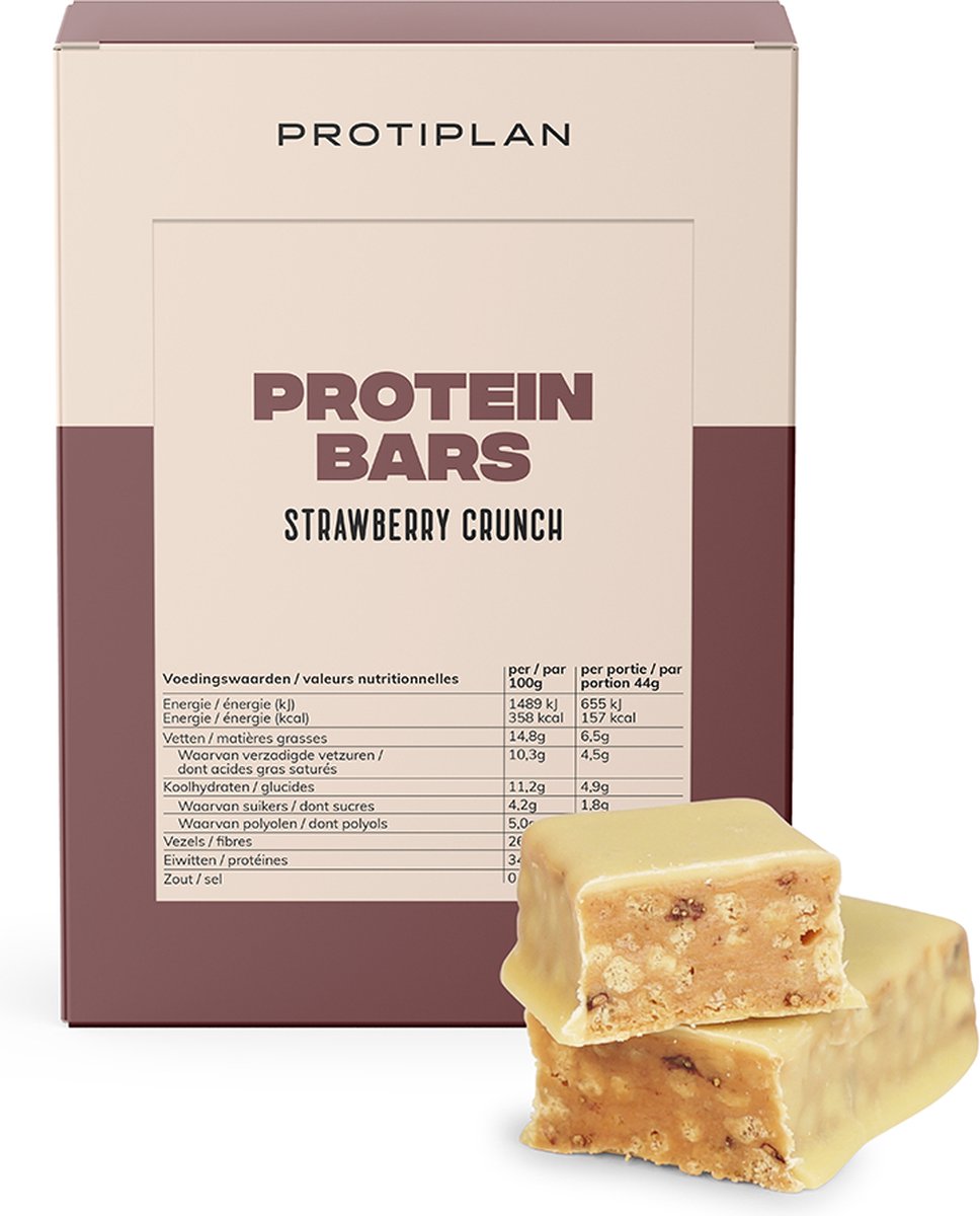 Goedkoopste Protiplan | Reep Aardbei Crunch | 7 x 44 gram | Eiwitrepen | Koolhydraatarme sportvoeding | Afslanken met Proteïne repen