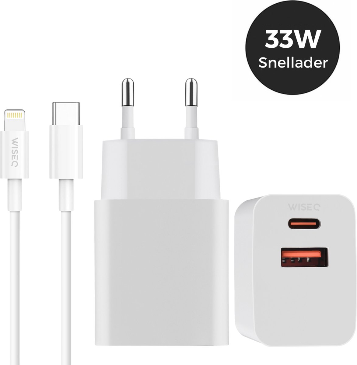 33W USB C snellader met dual-port - USB A en USB C adapter - inclusief Lightning oplaadkabel 2 meter - geschikt voor iPhone 14 / 13 / 12 / 11 / X en iPad - wit - WiseQ