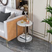 Marmeren salontafel, bijzettafel, banktafel, 2 planken, bijzettafel, rond, nachtkastje voor woonkamer, slaapkamer, met zwart ijzeren frame, 40,5 × 40,5 × 55 cm