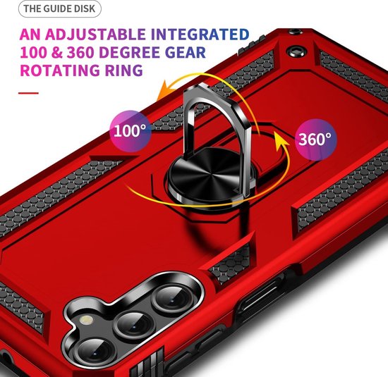 Rood telefoonhoesje met een verstelbare, 360-graden roterende ringstandaard.