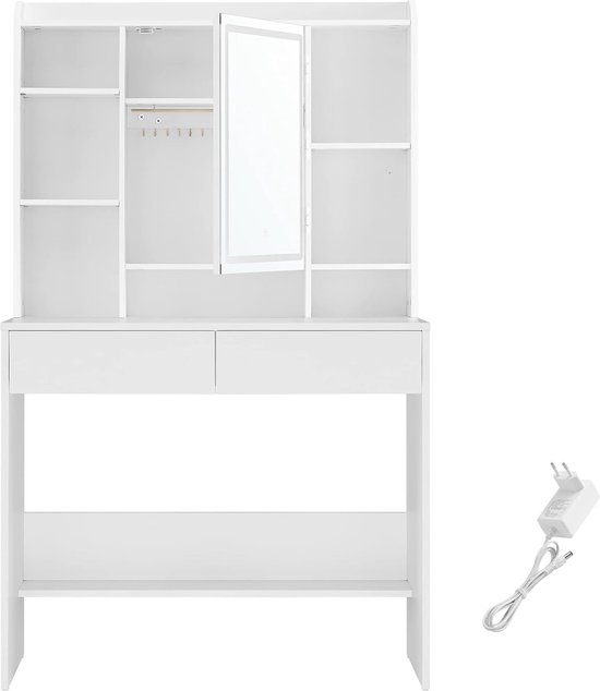 Sierra Kaptafel met LED-verlichting, 3 kleuren met instelbare lichtsterkte, kaptafel met spiegel voor make-up, cosmeticatafel met verstelbare planken, 2 laden, modern, wit