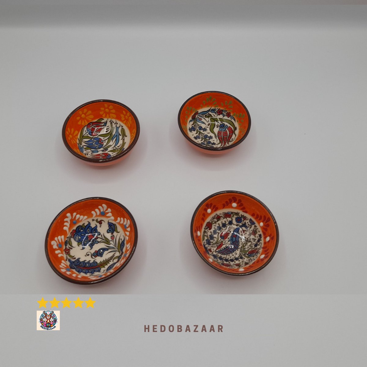 Anatolisch Handgemaakt Keramiek - Levendige Oranje Kommen met Kleurrijk Patroon, Ideaal Cadeau, 4x8cm,