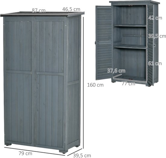 Tuinkast hout - Opbergkasten met deuren - Tuinhuis - Tuinschuur - Schuur voor gereedschap - Grijs - 87 x 46,5 x 160 cm