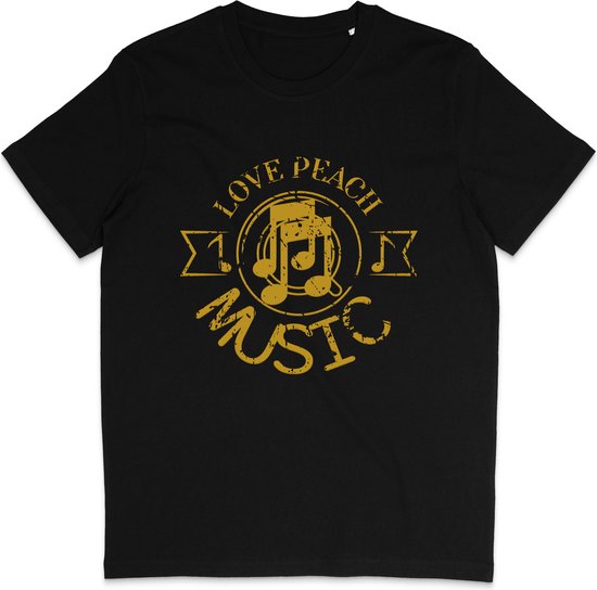 Heren Dames T Shirt - Print en Tekst: Love Peace Music - Zwart- M