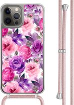 Casimoda® hoesje met rosegoud koord - Geschikt voor iPhone 12 Pro - Rosy Blooms - Afneembaar koord - TPU/polycarbonaat - Paars
