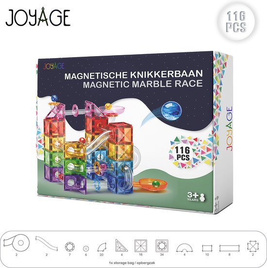 De voorkant van de doos van de Joyage magnetische knikkerbaan, met de 116 onderdelen en de afbeelding van het speelgoed.