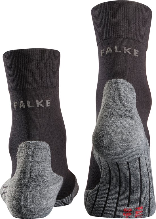 Chaussettes de sport Falke noires avec talons et détails gris, logo FALKE sur la tige.
