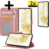 Hoesje Geschikt voor Samsung A35 Hoesje Book Case Hoes Wallet Cover Met 2x Screenprotector - Hoes Geschikt voor Samsung Galaxy A35 5G Hoesje Bookcase Hoes - Rosé goud