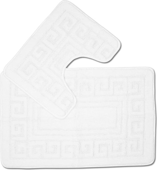 Tapis de bain antidérapant avec motif grec, 2 pièces, 1 tapis de bain (50 x 80 cm) et un tapis de toilette (50 x 40 cm), blanc