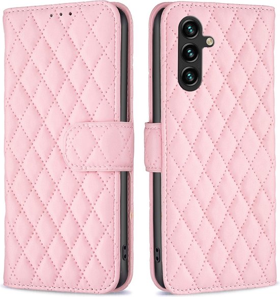 BINFEN Rhombus Book Case - Geschikt voor Samsung Galaxy A55 Hoesje - Pink