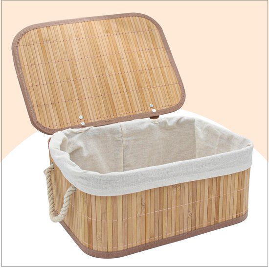 Opbergmand bamboe - 18,5l - met handgrepen en deksel - badkamermand - kast mand - naturel - Multifunctionele tafel mand - Opberg Box/Doos/Mand - Opbergsysteem