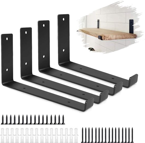 Supports d'étagère 4 pièces, noirs, supports d'étagère, 23 cm, supports d'étagère flottants robustes pour étagère murale, support d'angle en forme de L avec vis et chevilles