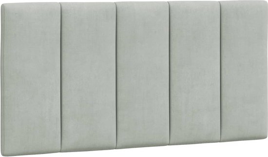 Tête de lit gris clair avec cinq panneaux verticaux, isolée sur fond blanc.