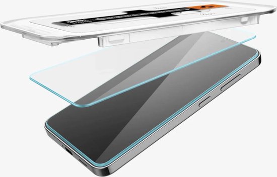 Un protecteur d'écran Spigen Glas.tR EZ Fit avec kit d'installation pour un smartphone.