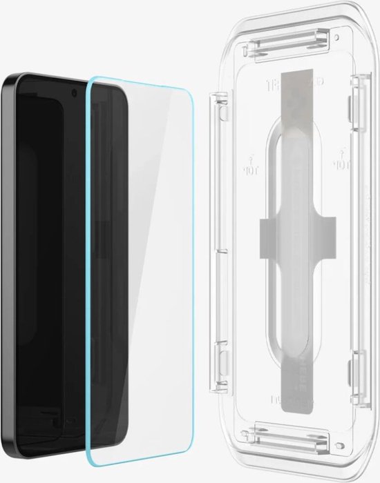 Un kit d'installation Spigen Glas.tR EZ Fit à côté d'un protecteur d'écran pour smartphone.