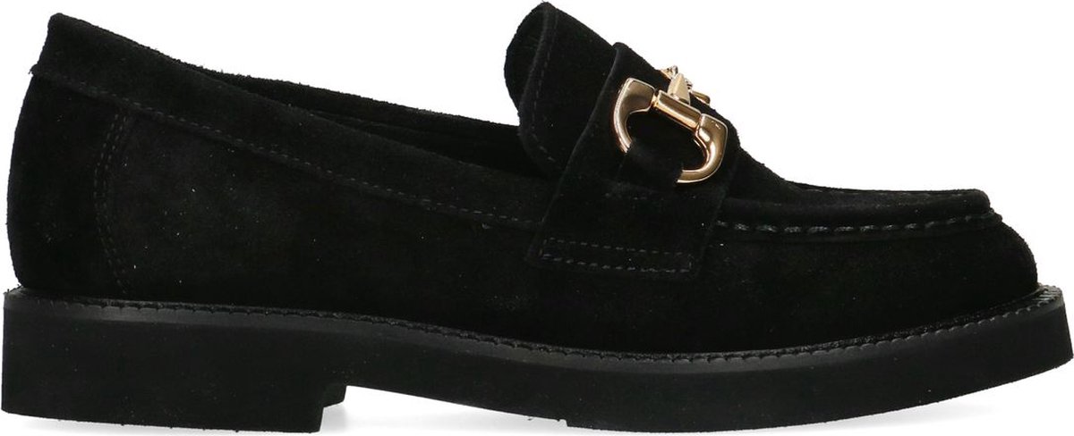 Manfield - Dames - Zwarte suède loafers met goudkleurig detail - Maat 39