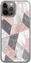 Casimoda® hoesje - Geschikt voor iPhone 12 Pro - Stone grid marmer / Abstract marble - 2-in-1 case - Schokbestendig - Geometrisch patroon - Verhoogde randen - Paars, Transparant
