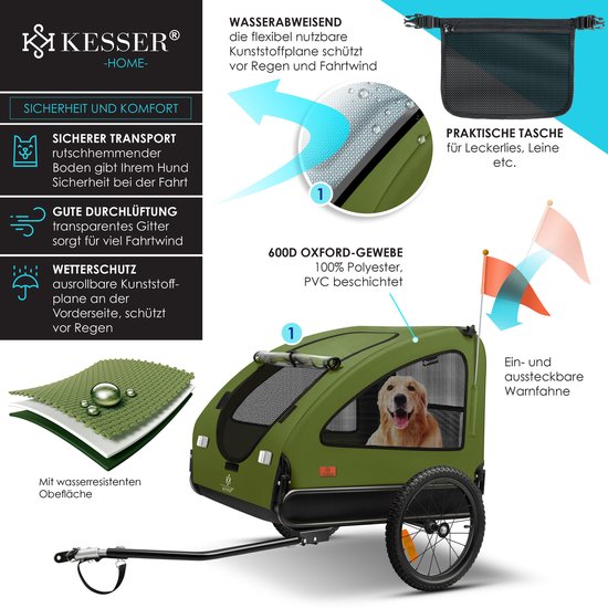 Groene hondenfietskar met golden retriever, waterafstotende stof en waarschuwingsvlaggen.