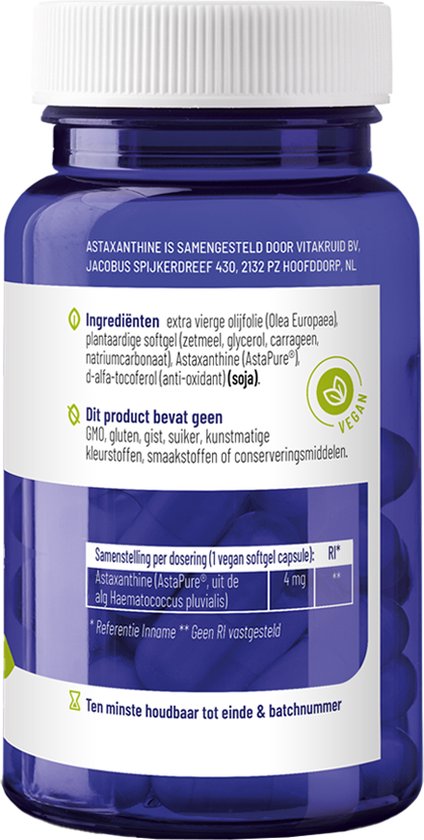 Paarse pot met vegan capsules. Label met ingrediënten, samenstelling en vegan logo.