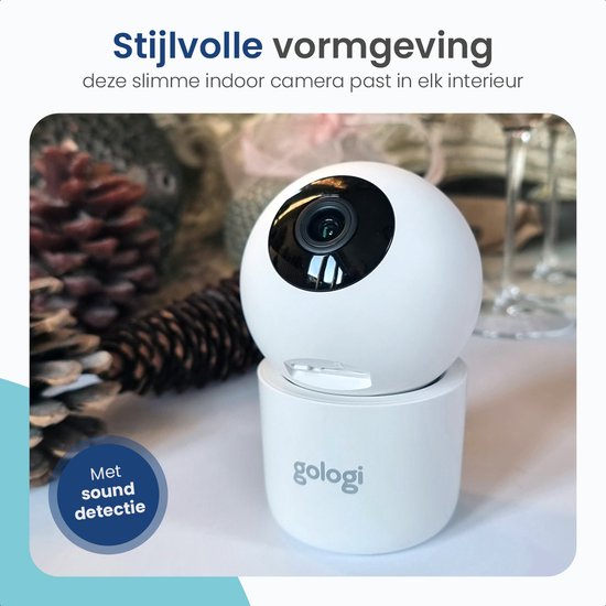 Gologi Beveiligingscamera Binnen - Smart Indoor Camera - Draadloze verbinding (WIFI) - 180° Draaibaar - Nightvision - Bewegingssensor - Blaf en Huil Detectie - Babyfoon - Huisdiercamera met App - Wit van Gologi — afbeelding 2
