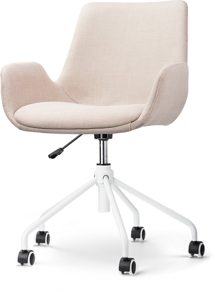 Nolon Nout-Eef Bureaustoel Beige - Stof - Verstelbaar - Wielen - Wit Onderstel - Lage Armleuning - Modern - Design - Comfirtabel