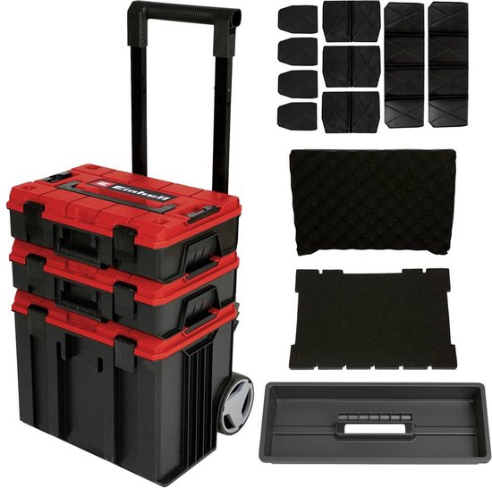 Foto: Einhell e case tower systeemkoffer max laadvermogen 120 kg bestaande uit 3 koffers incl accessoires opbergen en transporteren van accessoires en gereedschap met wieltjes stapelbaar koppelbaar