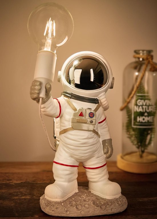 BRUBAKER Astronauten tafellamp - 40 cm ruimte bedlampje met E27-fitting en USB-C stekker - handbeschilderd ruimtevaart decoratiebeeldje - wit en zilver