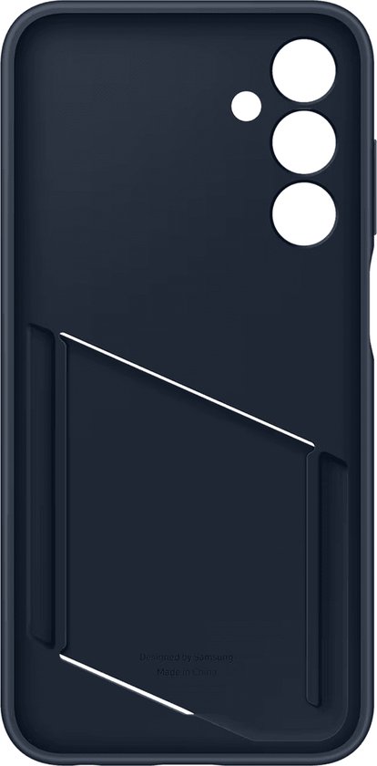 Binnenzijde van donkerblauwe Samsung Card Slot Case, met tekst 'Designed by Samsung Made in China'.