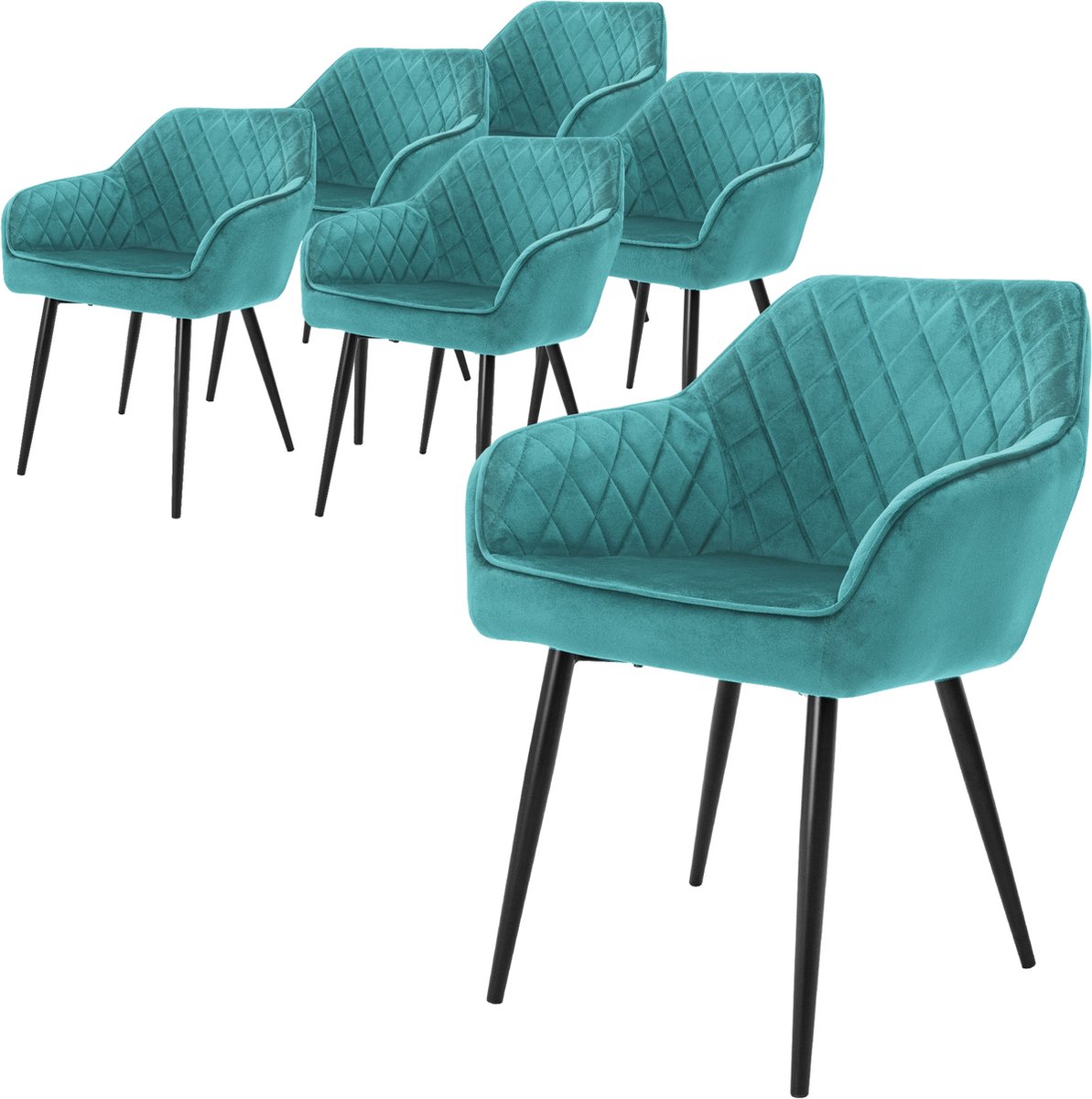 ml-design Eetkamerstoelen set van 6 met armleuningen en rugleuning, petrol stoelen met comfortabele fluweel bekleding, stevige keukenstoelen met zwarte metalen poten, ergonomische en moderne stoelen voor eetkamer en woonkamer in huis
