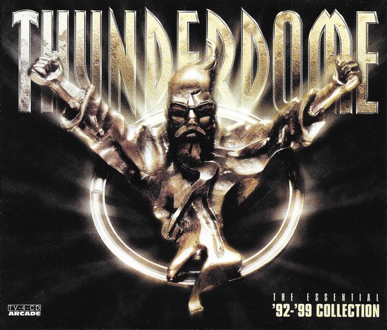 Het logo van Thunderdome met een gouden figuur in het midden, met de tekst 'The Essential '92-'99 Collection'.