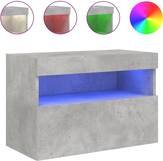 Betonlook meubel met open vak, verlicht met blauwe LED-verlichting. Mogelijkheden voor andere kleuren getoond.