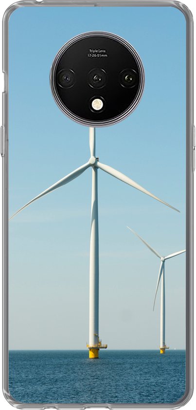 Coque transparente avec des éoliennes en mer dans les couleurs bleu et blanc.