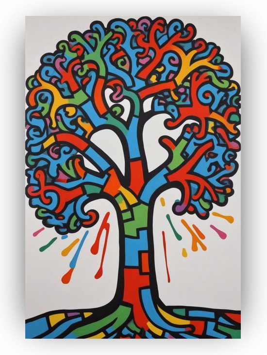 Boom Keith Harring stijl poster - Keith Harring wanddecoratie - Wanddecoratie natuur - Muurdecoratie klassiek - Slaapkamer poster - Slaapkamer muurdecoratie - 80 x 120 cm