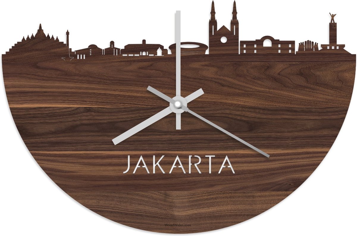 Skyline Klok Jakarta Notenhout - Ø 40 cm - Stil uurwerk - Wanddecoratie - Meer steden beschikbaar - Woonkamer idee - Woondecoratie - City Art - Steden kunst - Cadeau voor hem - Cadeau voor haar - Jubileum - Trouwerij - Housewarming - WoodWideCities