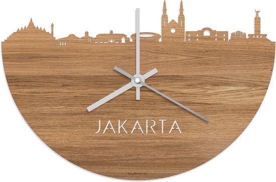 Skyline Klok Jakarta Eikenhout - Ø 40 cm - Stil uurwerk - Wanddecoratie - Meer steden beschikbaar - Woonkamer idee - Woondecoratie - City Art - Steden kunst - Cadeau voor hem - Cadeau voor haar - Jubileum - Trouwerij - Housewarming - WoodWideCities