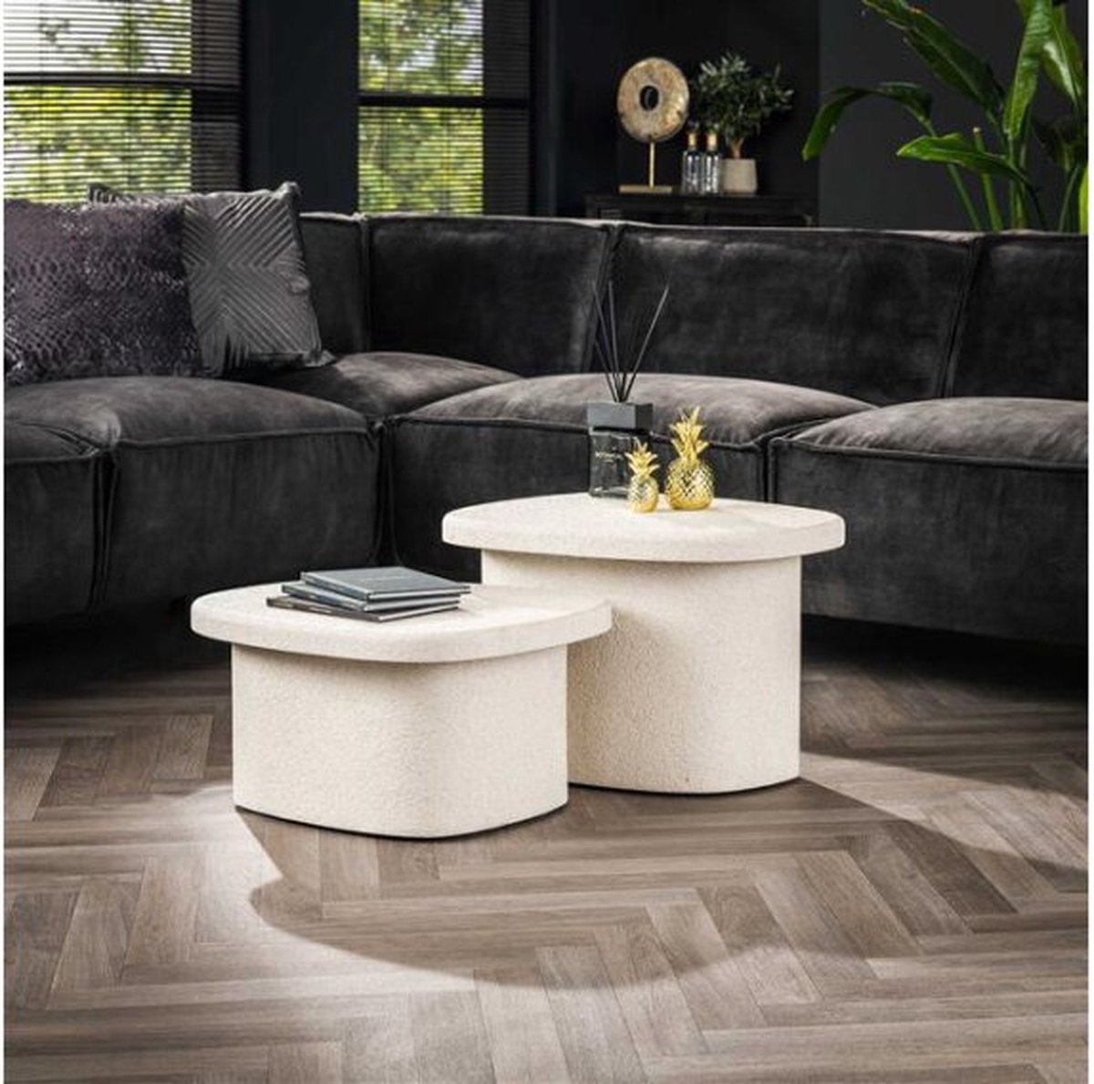 Meubelplaats Salontafel Sienna set van 2 marmer composiet wit - moderne look - organische vorm Naturel