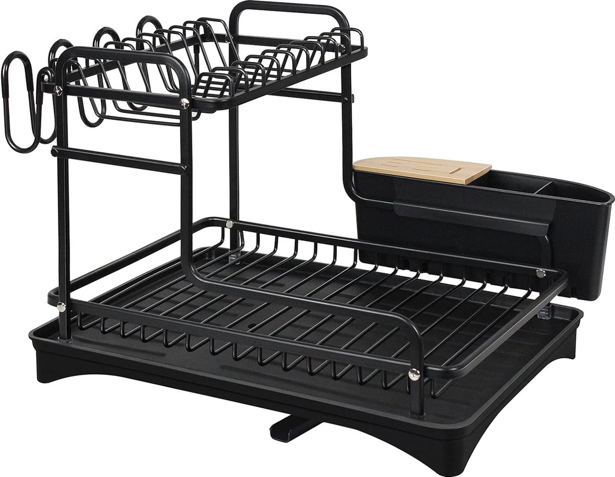 Goedkoopste 2 Tier Dish Drainer Aluminium Dish Drainer with Cup Holder and Cutlery Holder Basket Dish Drainer with Swivel Spout, Black