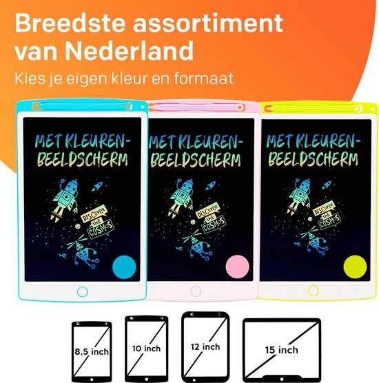Drie roze, blauwe en gele tekentablets in 10 inch, met verschillende formaten eronder.