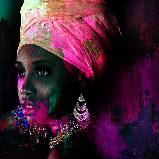 BEAUTIFUL AFRICAN WOMAN-2: 100x100cm Aluminium. Decoratie - Modern - Zwart - Blauw - Groen - Roze - Vrouw - Afrika