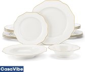 CasaVibe Serviesset – 16 delig – 4 persoons – Porselein - Luxe – Bordenset – Dinner platen – Dessertborden - Wit Goud