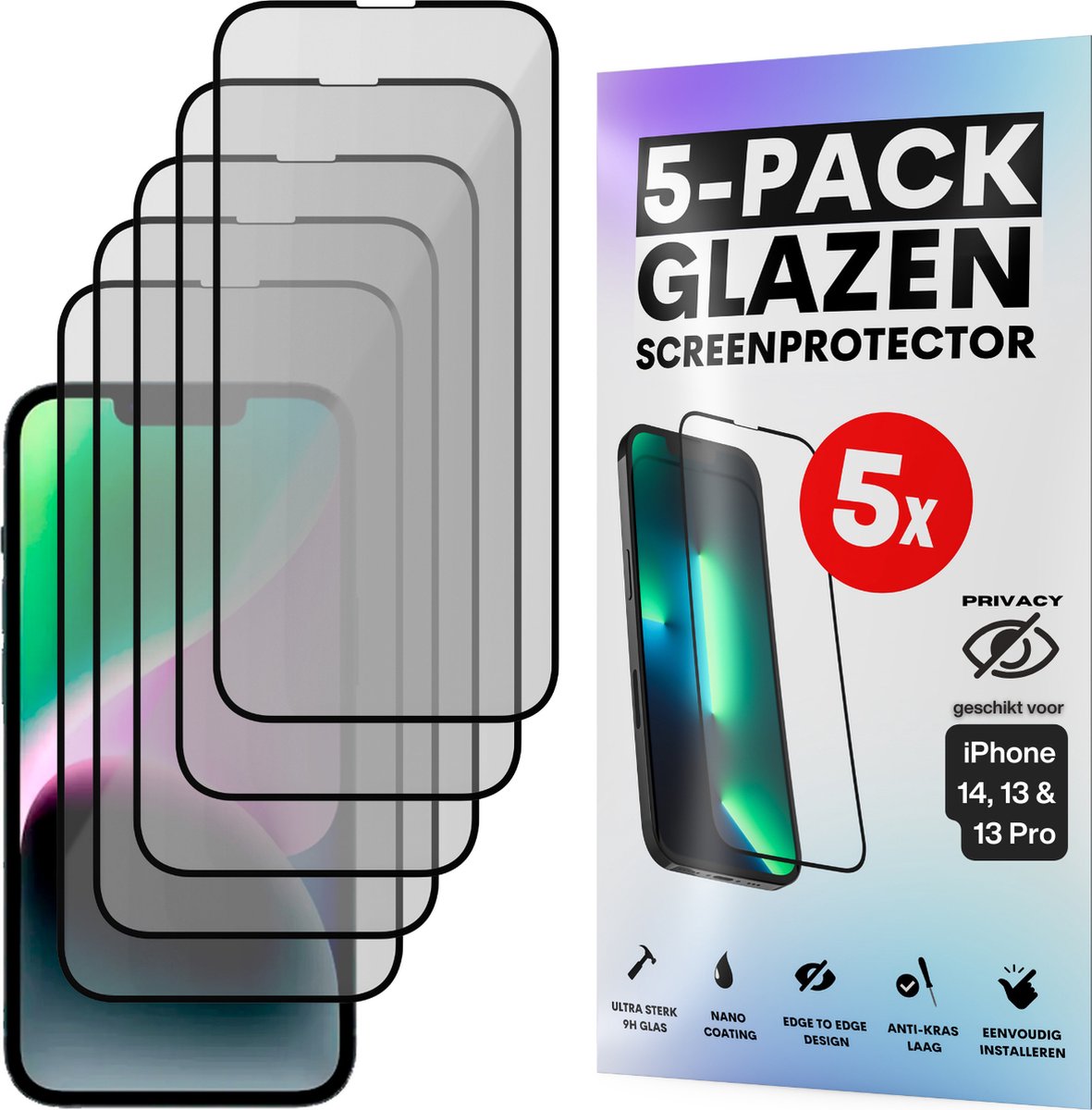 Privacy Screenprotector - Geschikt voor iPhone 14 / 13 / 13 Pro - Gehard Glas - Full Cover Tempered Privacy Glass - Case Friendly - 5 Pack
