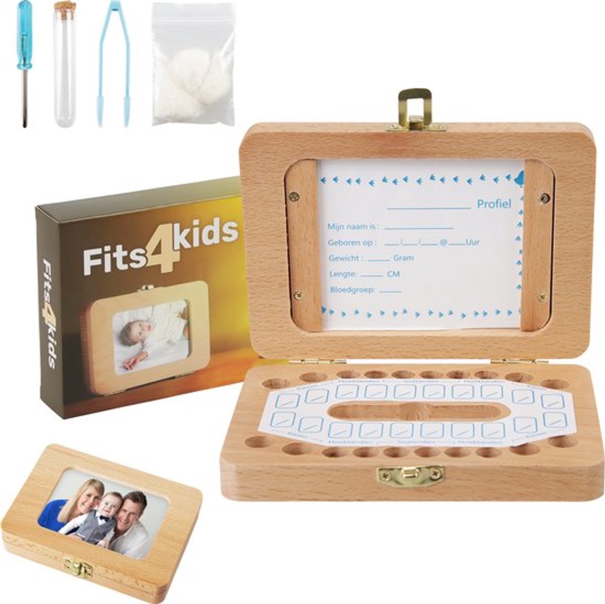 Fits4Kids® Tandendoosje met Fotolijst – Bewaardoos Melktanden – Unisex – Kraamcadeau - Hout