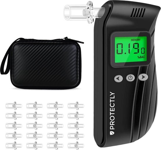 Protectly® Digitale Alcoholtester – Alcoholtesters - Blaastest Alcohol – Alcoholmeter – Geschikt voor o.a. Nederland, Frankrijk en België – Inc. 20 Extra Mondstukjes - Oplaadbaar