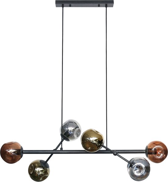 Lampe à suspension industrielle Molecule mix verre | 6 lumières | Noir Artic | 110x40x150cm | salle à manger salon | conception de boules de verre | moderne