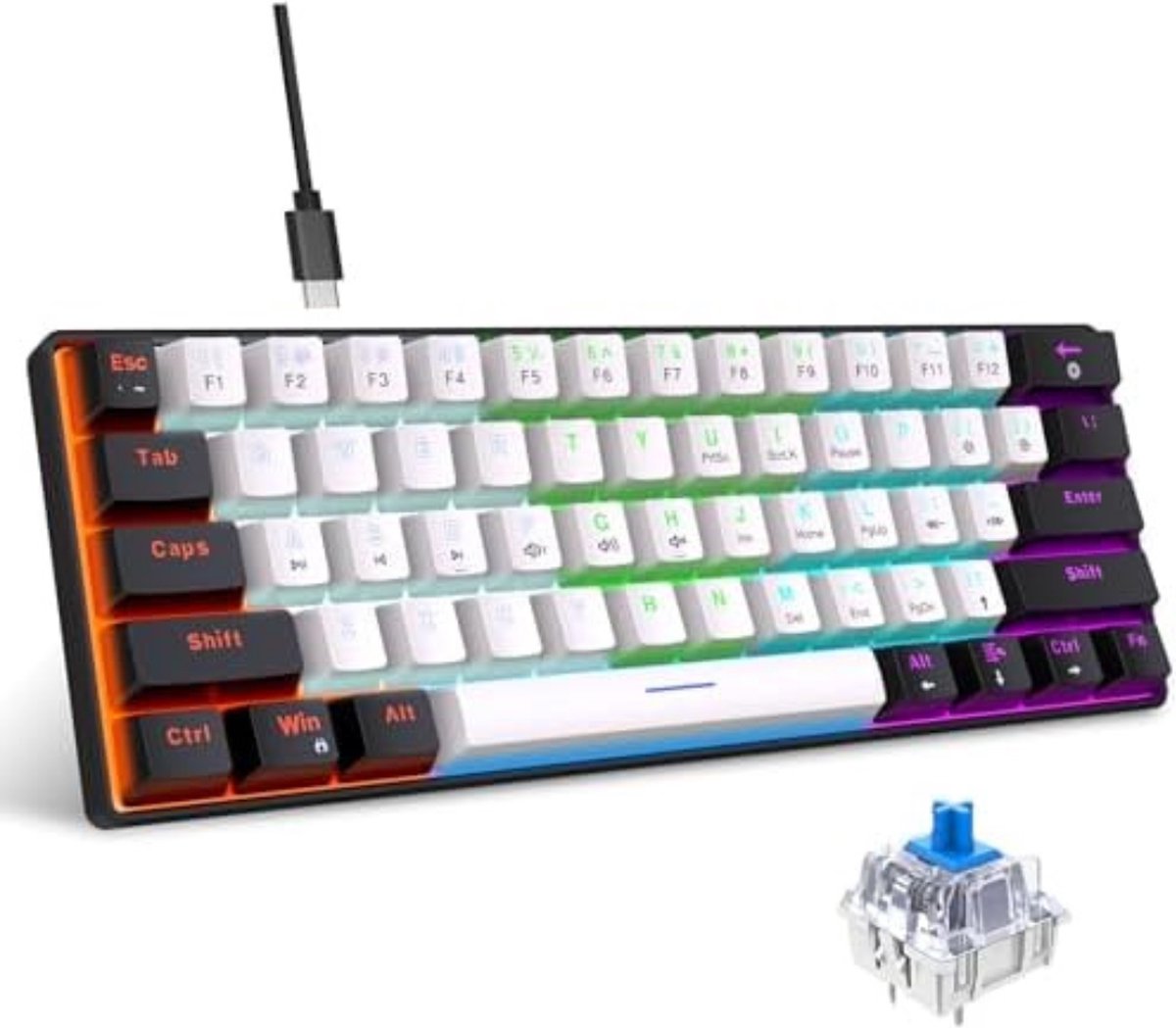 Gaming Toetsenbord 60% - Gaming Keyboard 60% - Gaming Toetsenbord 60 Procent - Gaming Toetsenbord Meganisch - Blauw -Zwart - Wit