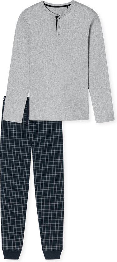 SCHIESSER Fine Interlock pyjamaset - heren pyjama lang interlock manchetten knoopsluiting geruit grijs-melange - Maat: 6XL